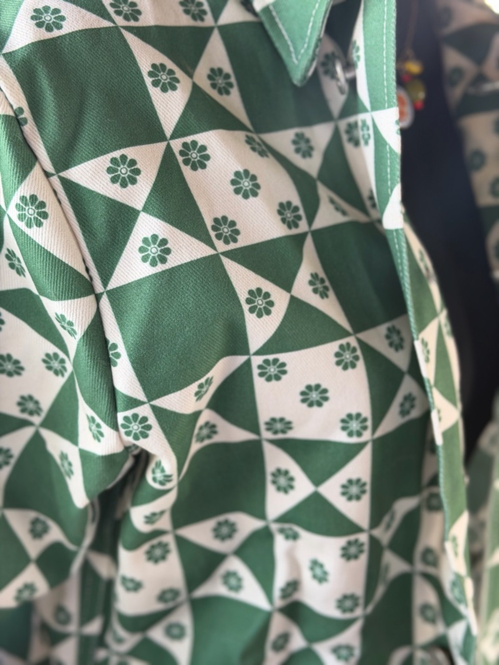 Lisa Says Gah Green and White Geometric Patchwork Jean Jacket - Picture 2 of 7